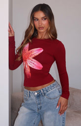 Flower Beds Long Sleeve Baby Tee Burgundy