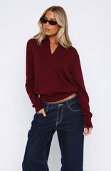 Must Be You Knitted Polo Sweater Burgundy