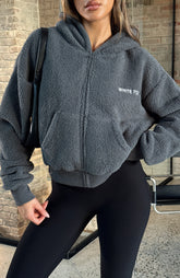 Always First Teddy Borg Boxy Zip Front Hoodie Charcoal