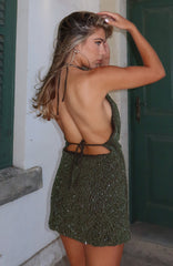 By Candlelight Beaded Mini Dress Deep Olive