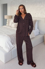 Pillow Talk Printed Long Sleeve Pyjama Set Choc/Pink Polka Dot