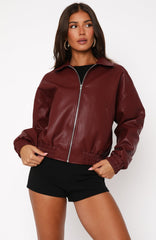 Might Cause Trouble PU Bomber Jacket Burgundy