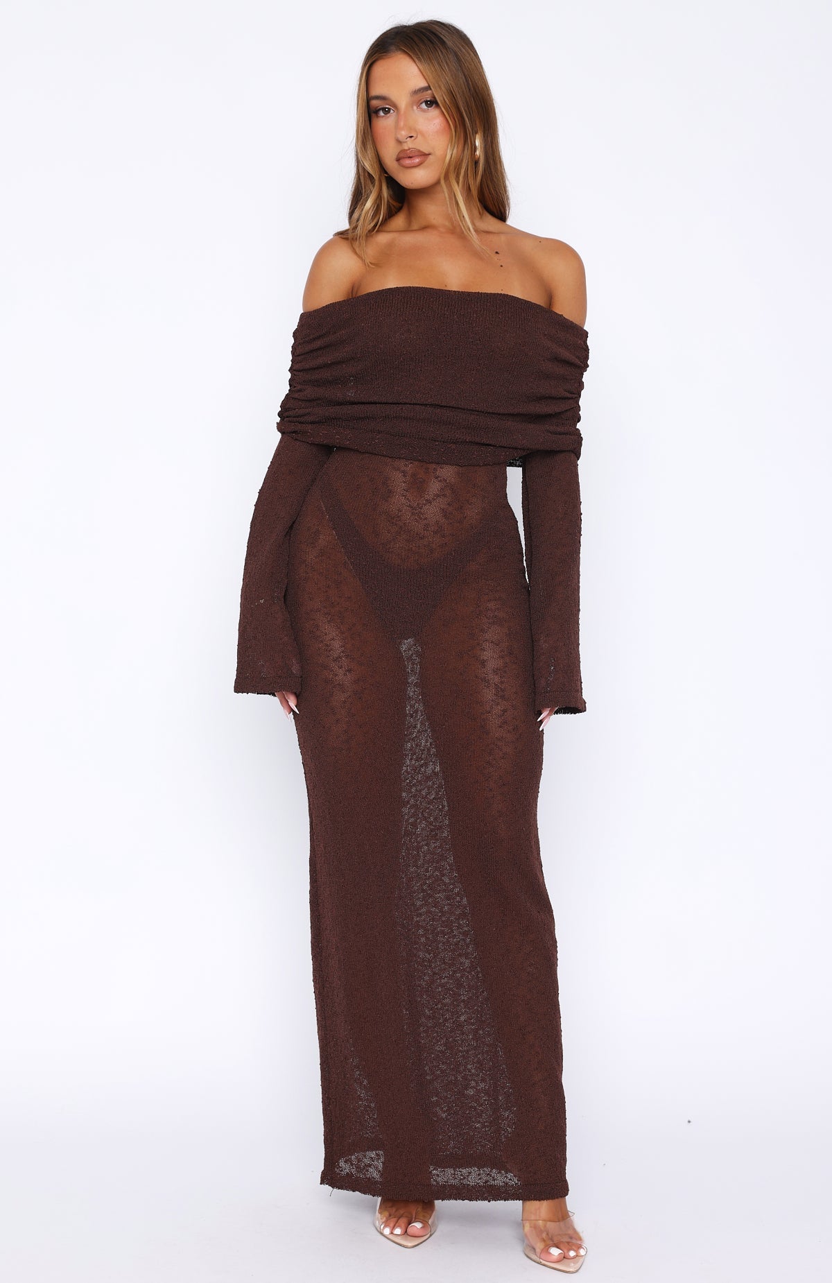Made It Out Long Sleeve Boucle Maxi Dress Chocolate