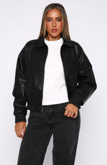 Might Cause Trouble PU Bomber Jacket Black