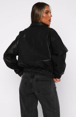 Might Cause Trouble PU Bomber Jacket Black