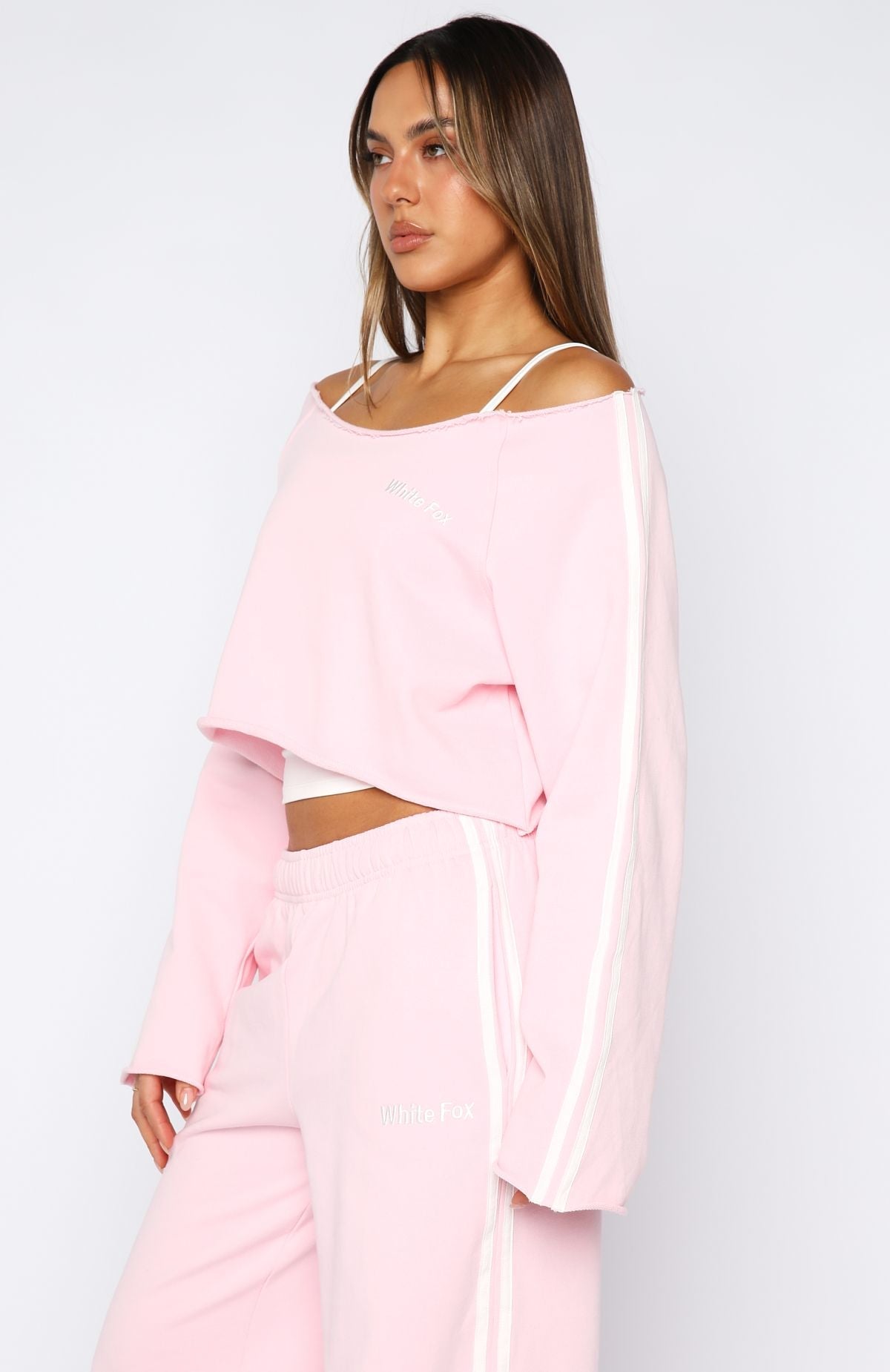 Star Student Cropped Off Shoulder Sweater Pink