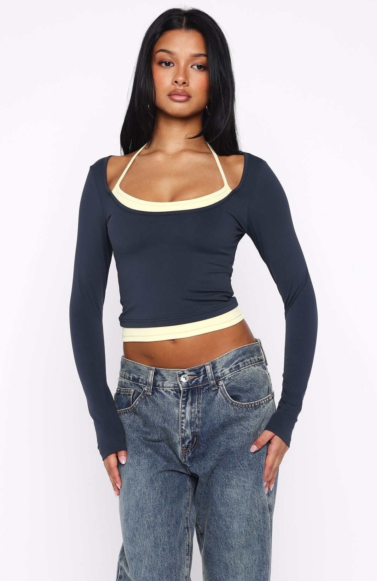 Know Everything Long Sleeve Double Layer Top Navy/Lemon