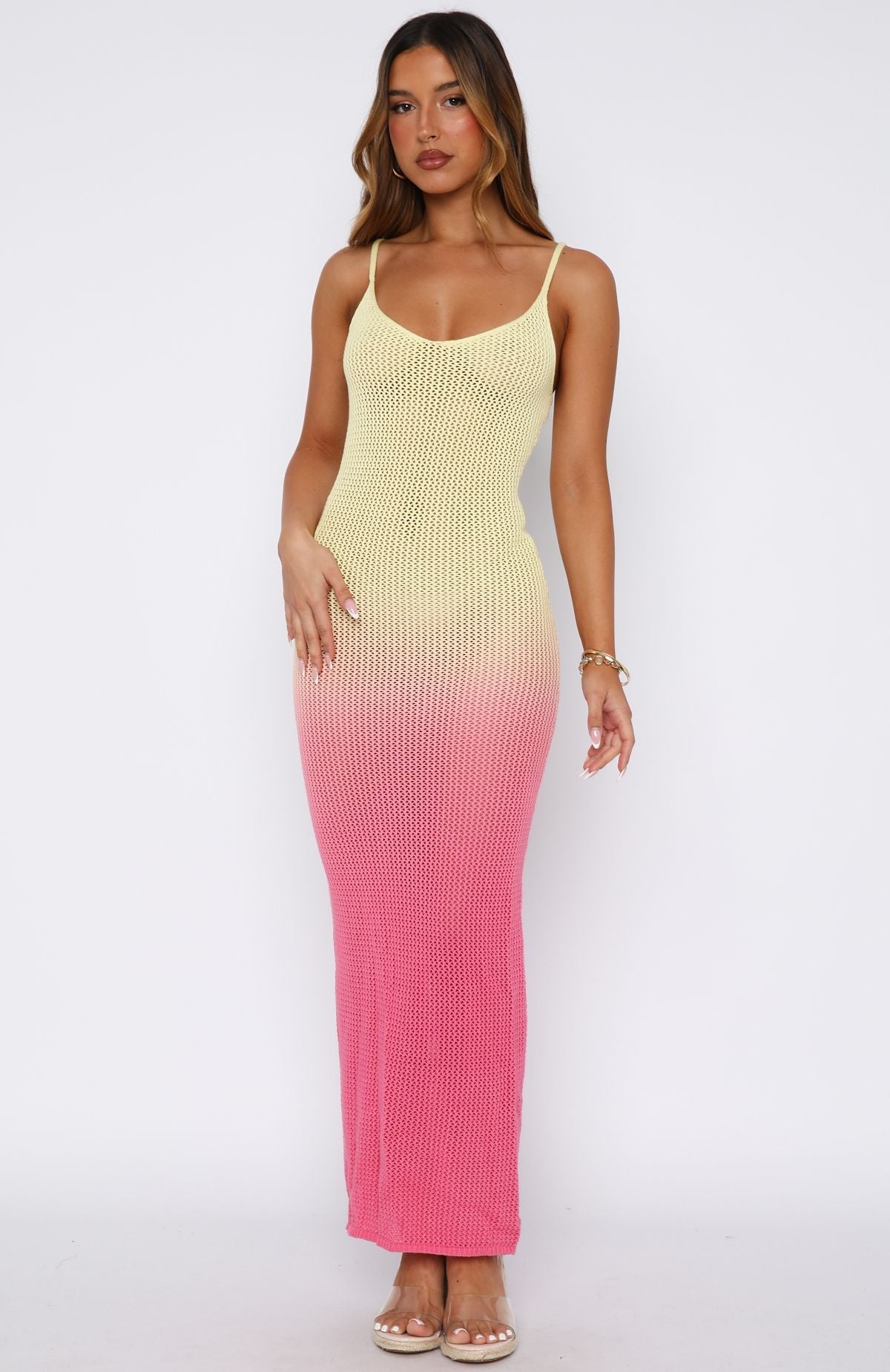 Sunshine Soul Crochet Maxi Dress Lemon/Pink Ombre