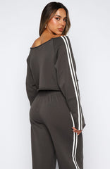 Star Student Cropped Off Shoulder Sweater Charcoal