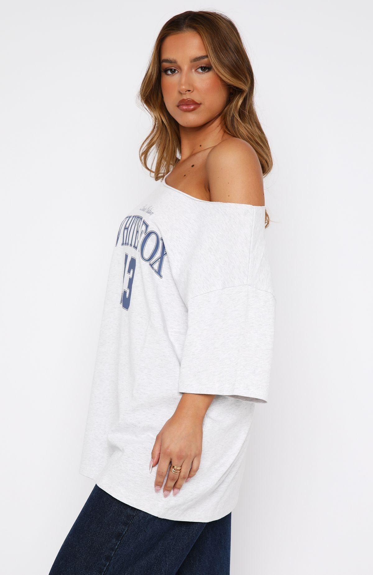 Everything In Time Off Shoulder Oversized Tee Grey Marle