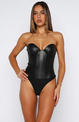 Honestly I Do Strapless PU Bodysuit Black