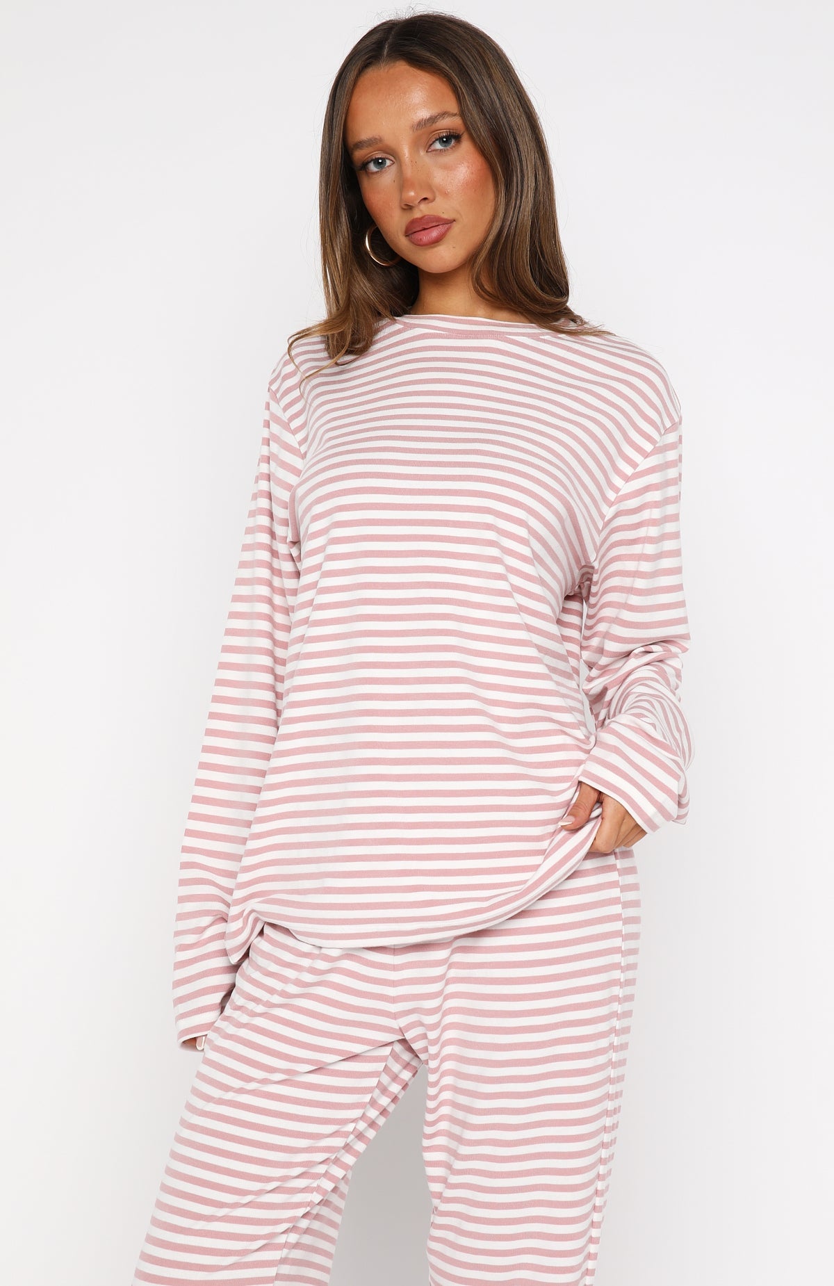 Slow Life Long Sleeve Pyjama Top Pink/White Stripe