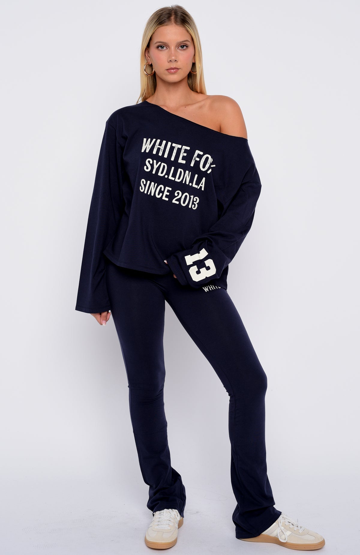 Topic Of Discussion Off Shoulder Oversized Long Sleeve Tee Navy