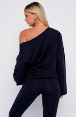 Topic Of Discussion Off Shoulder Oversized Long Sleeve Tee Navy