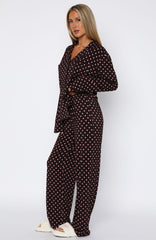 Pillow Talk Printed Long Sleeve Pyjama Set Choc/Pink Polka Dot