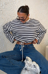 First Time Here Long Sleeve Tee Charcoal/Cream Stripe