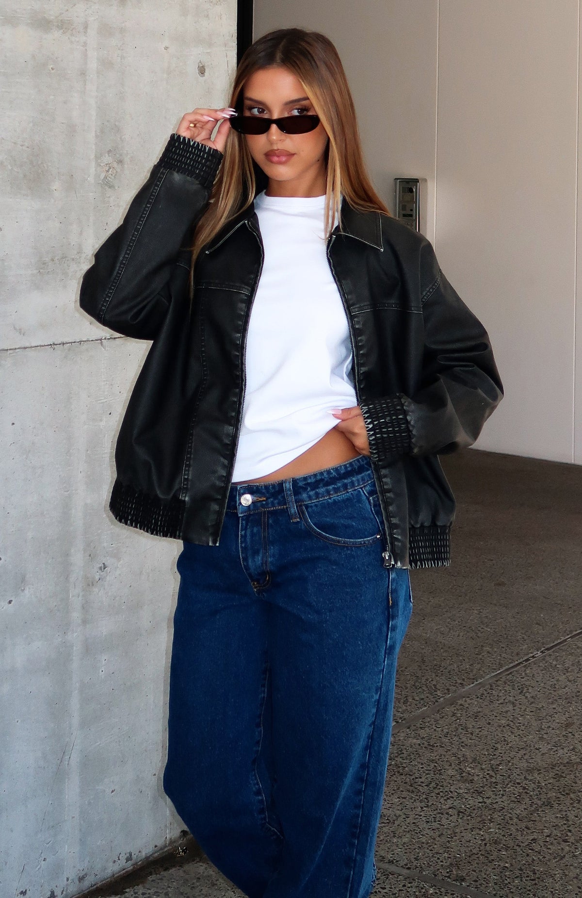 Make Things Right PU Bomber Jacket Washed Black