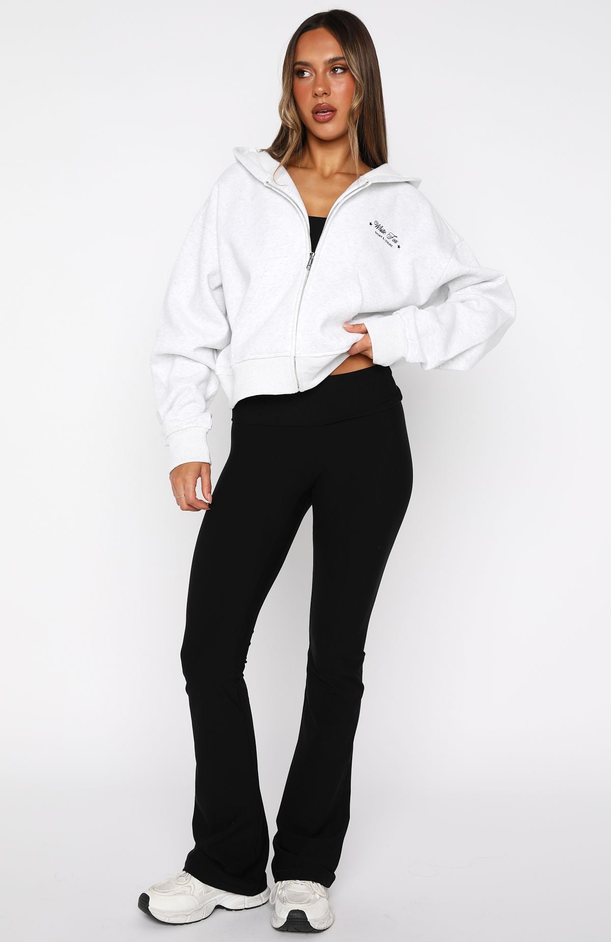 Just Try Again Boxy Zip Front Hoodie Grey Marle