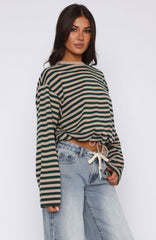 First Time Here Long Sleeve Tee Green/Tan Stripe