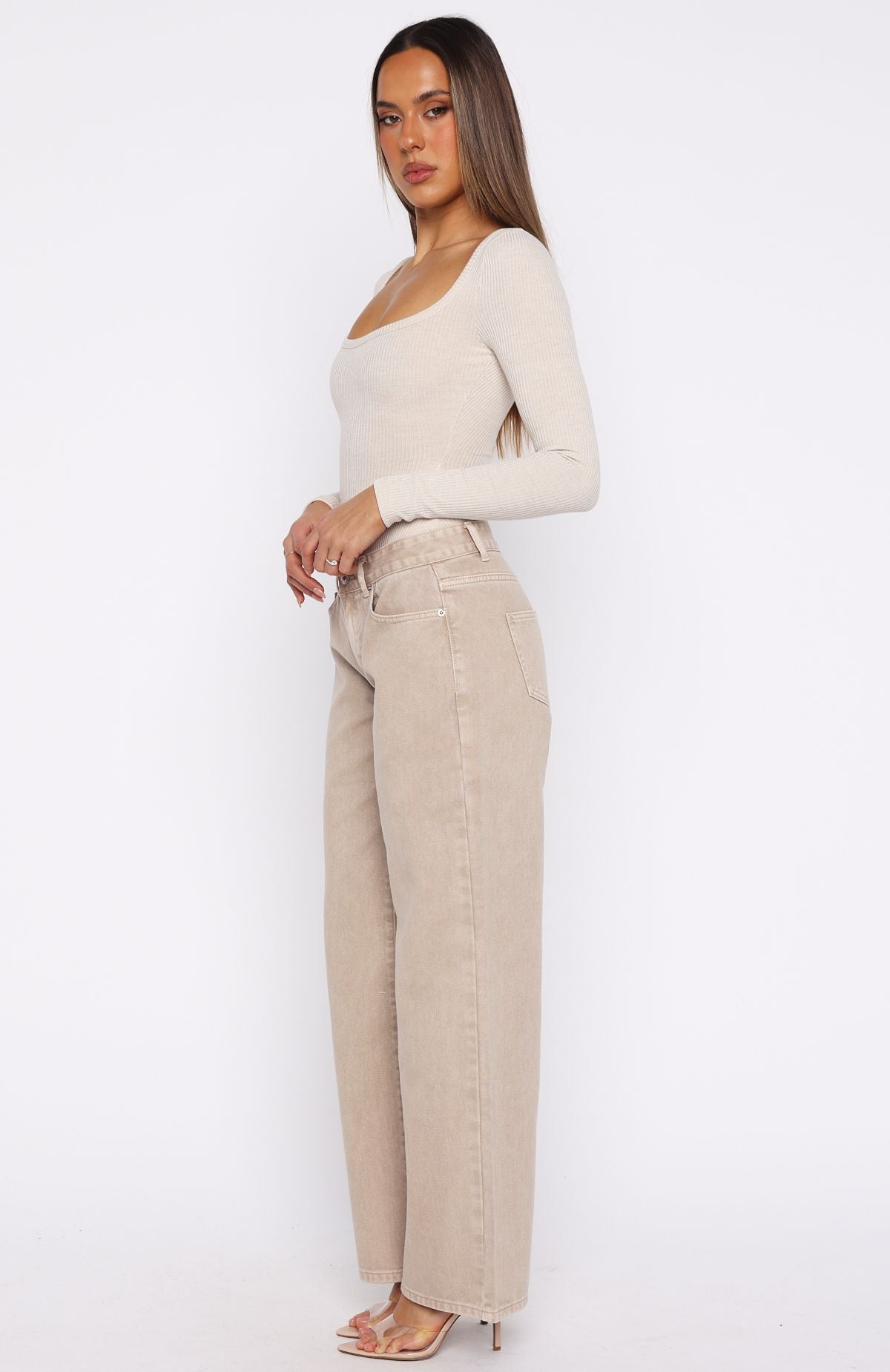 Bring The Style Low Rise Wide Leg Jeans Sesame Wash
