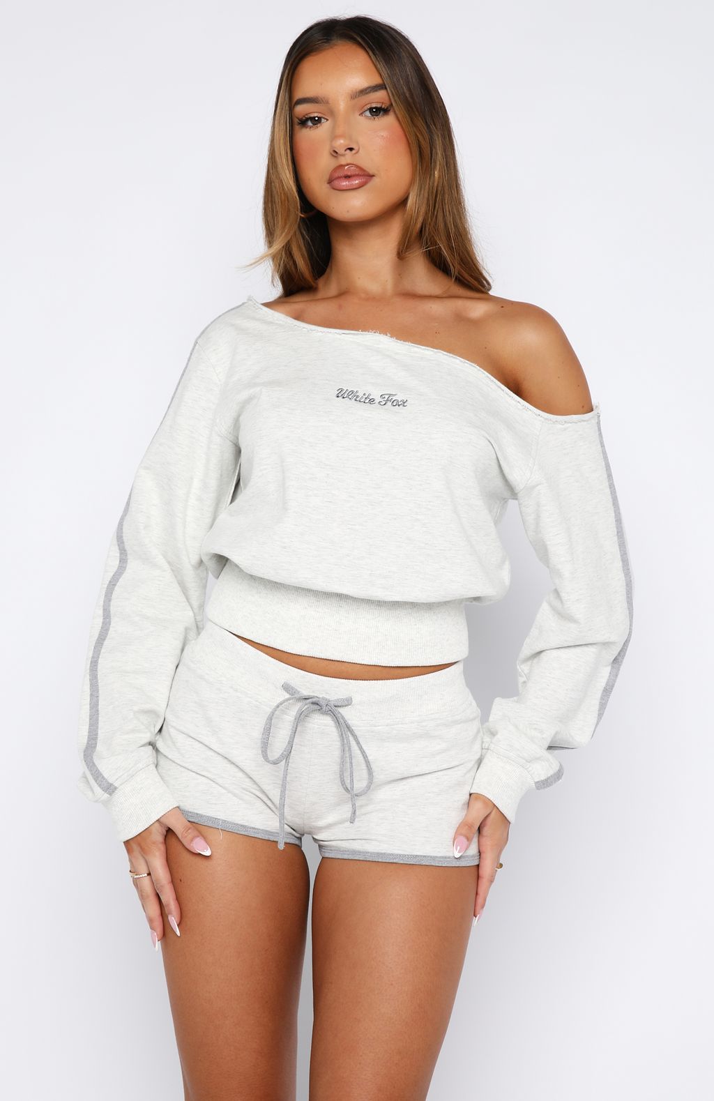 High Roller Off Shoulder Long Sleeve Sweater Grey Marle