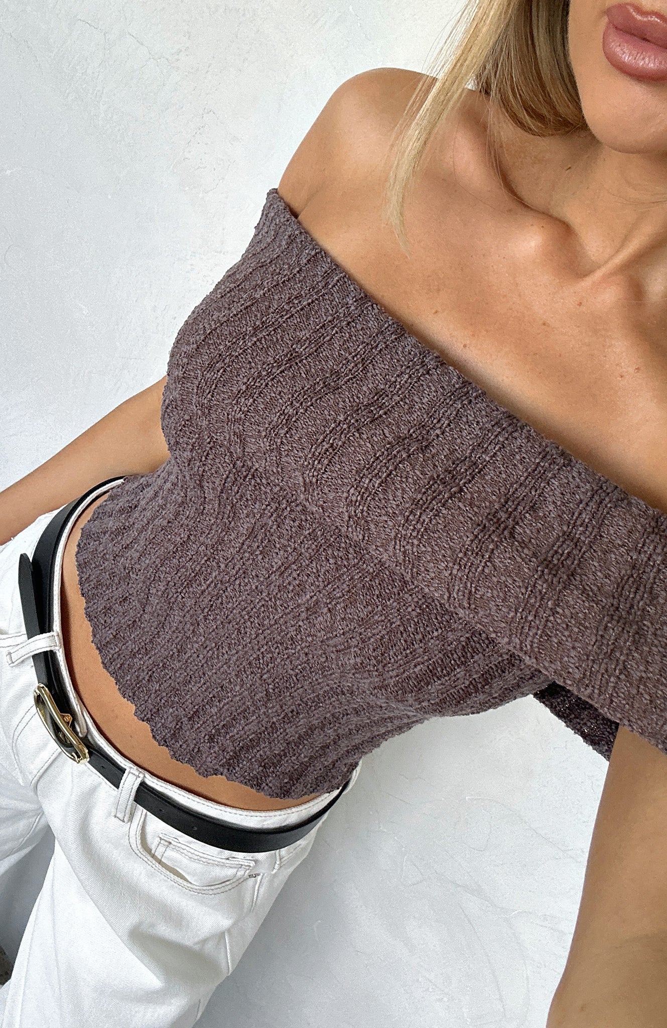 What I Want To Hear Off Shoulder Knit Top Cocoa