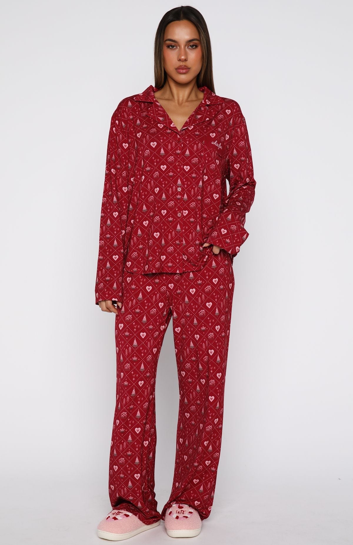 Pillow Talk Printed Long Sleeve Pyjama Set Cherry Noel
