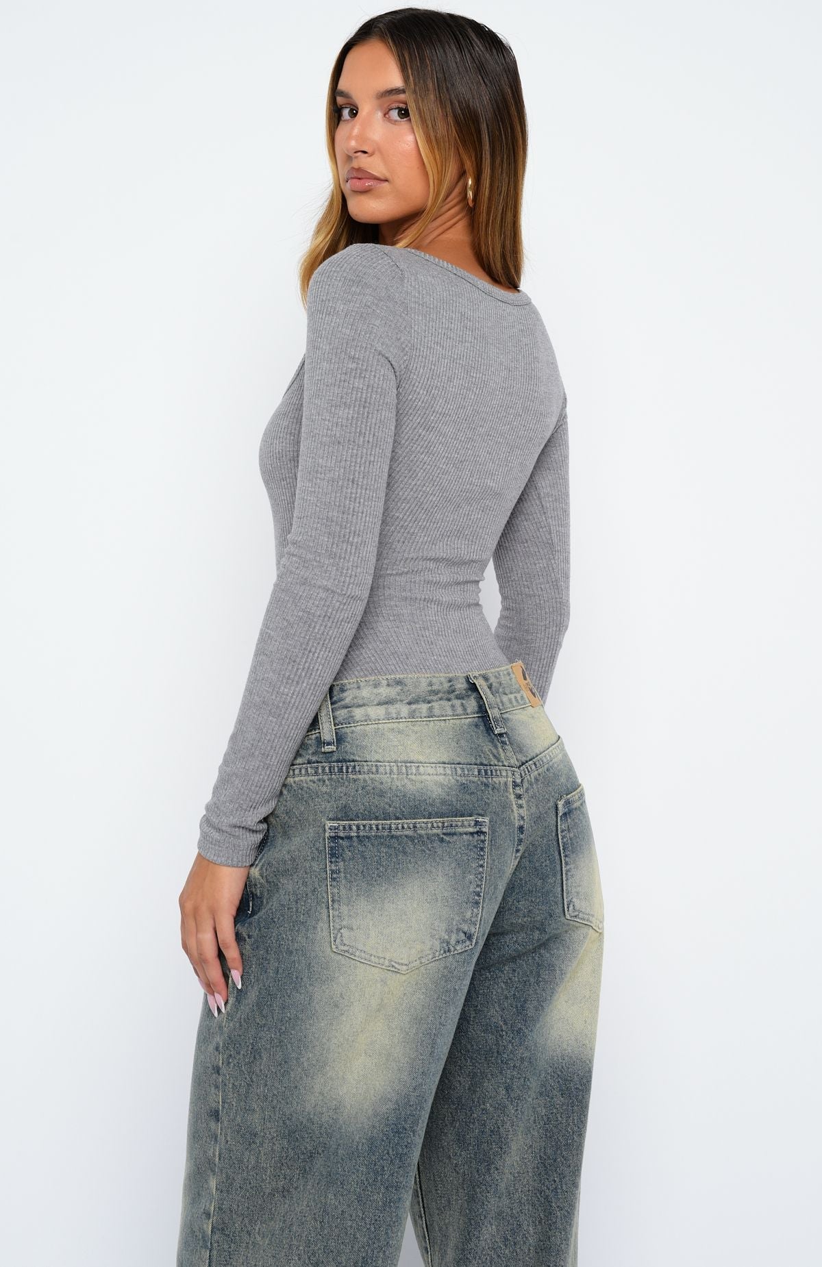 Easy Weekend Ribbed Long Sleeve Bodysuit Grey