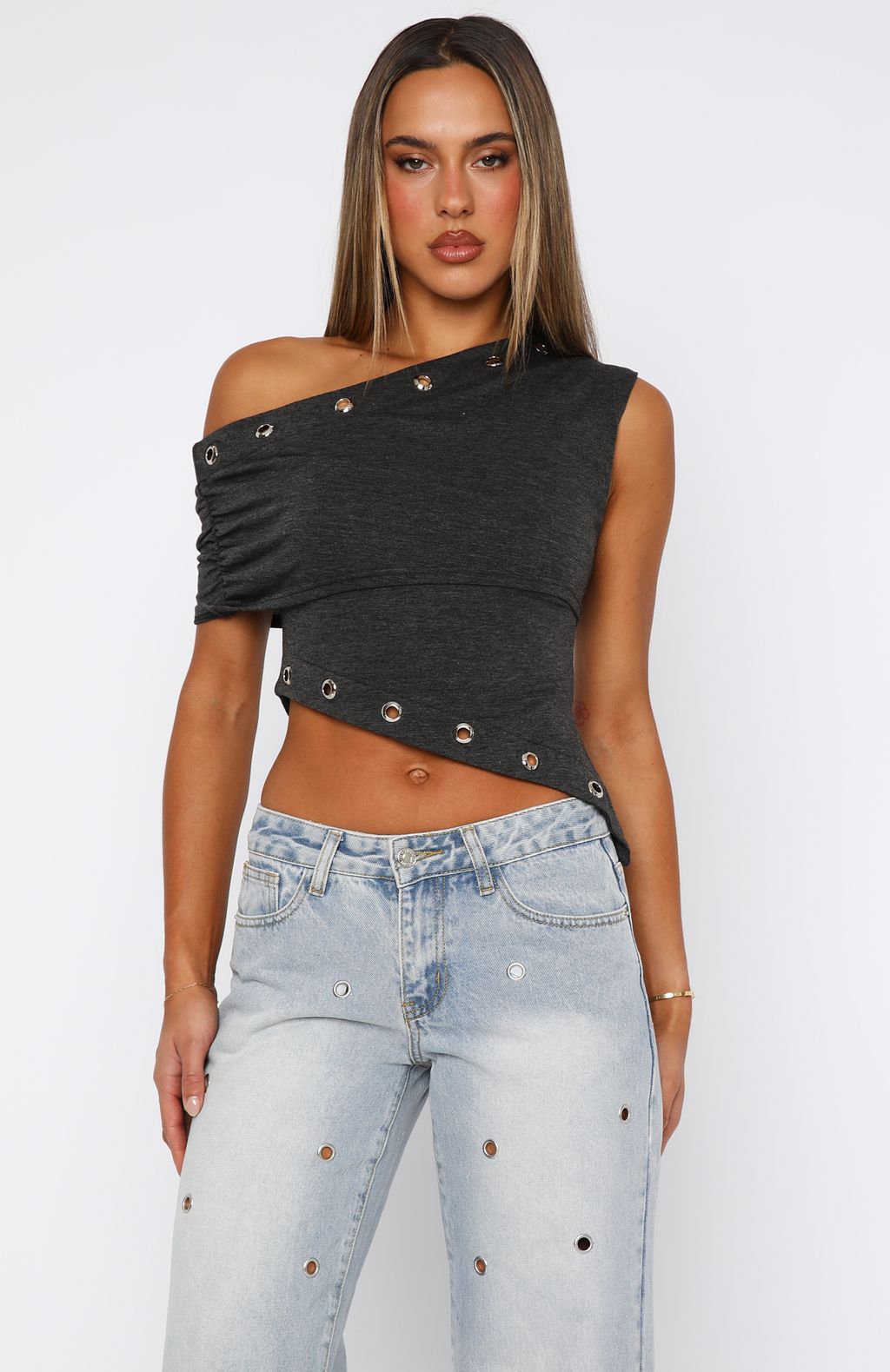 Can't Look Back Off Shoulder Top Dark Grey Marle
