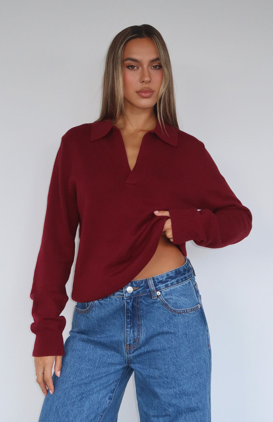 Must Be You Knitted Polo Sweater Burgundy
