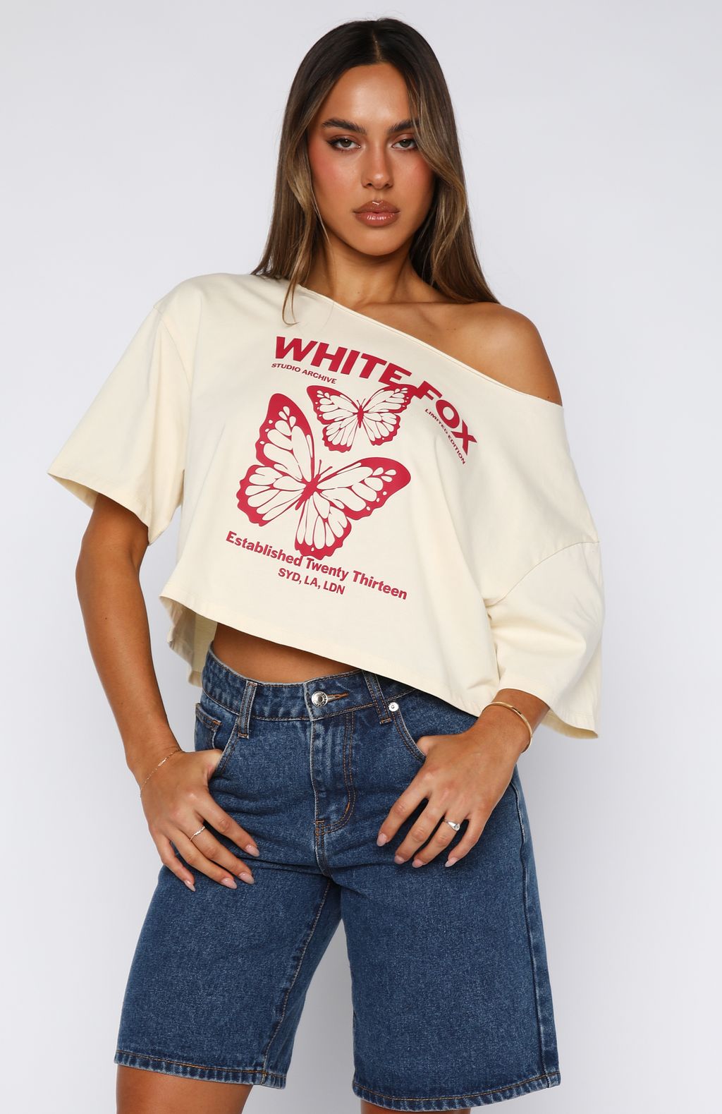 Going Back To You Cropped Off Shoulder Tee Off White