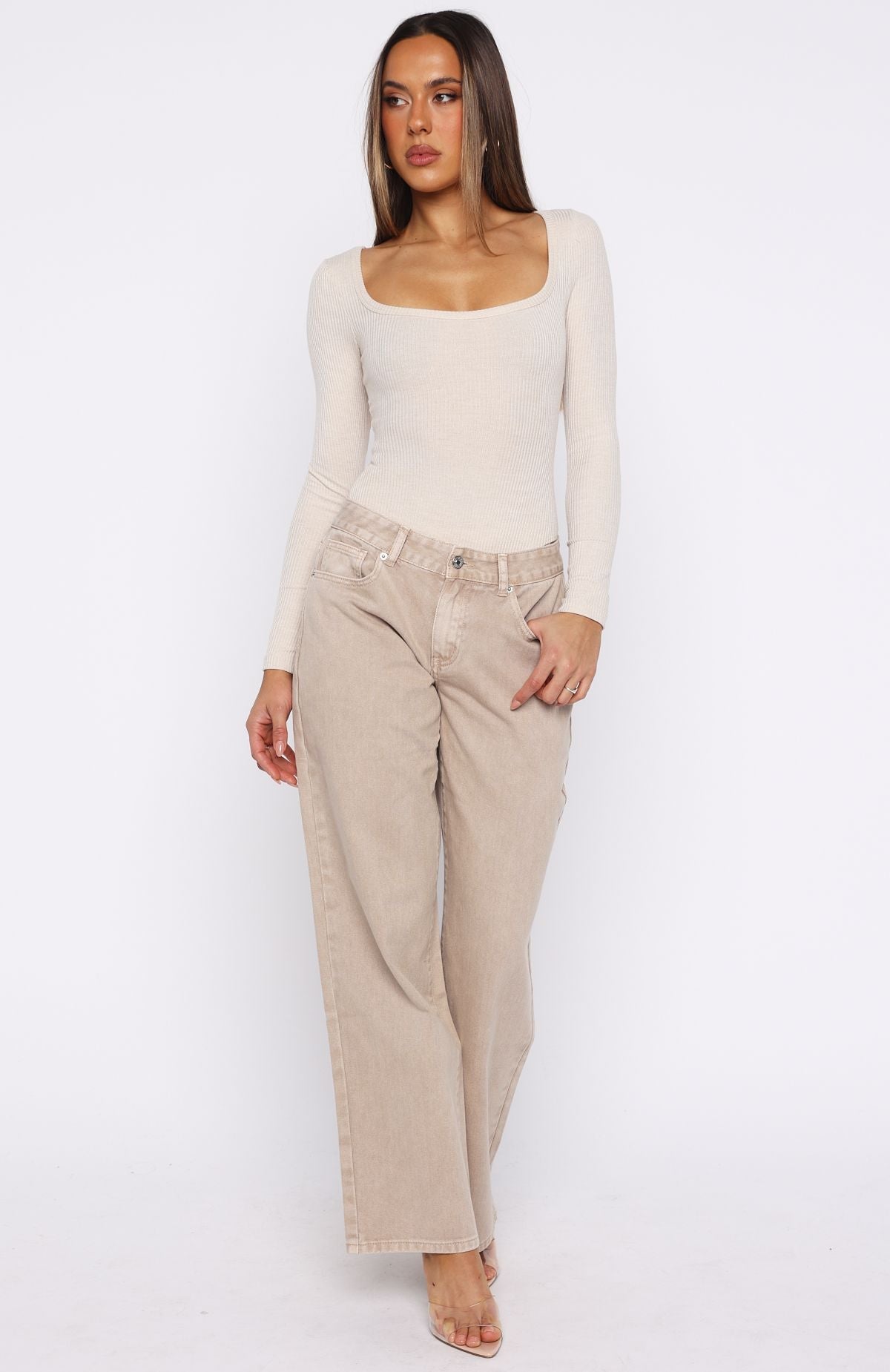 Bring The Style Low Rise Wide Leg Jeans Sesame Wash