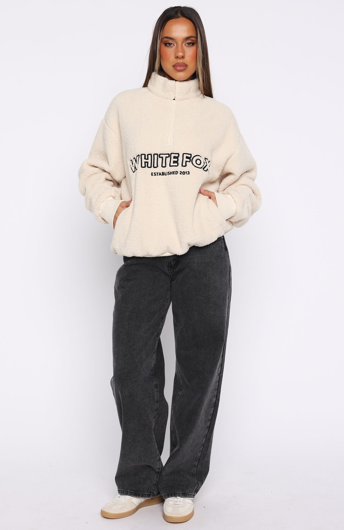 Hard To Stay Focused Teddy Borg Zip Front Sweater Cream