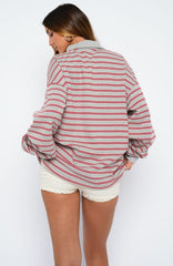 Out Again Long Sleeve Rugby Shirt Dark Grey Marle/Burgundy Stripe