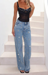 No More Excuses Mid Rise Wide Leg Jeans Mid Blue