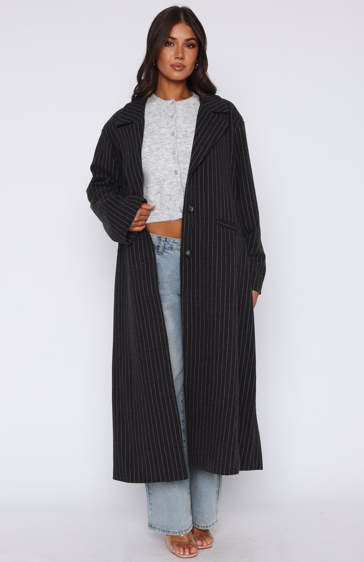 Walk By Me Oversized Coat Charcoal Pinstripe