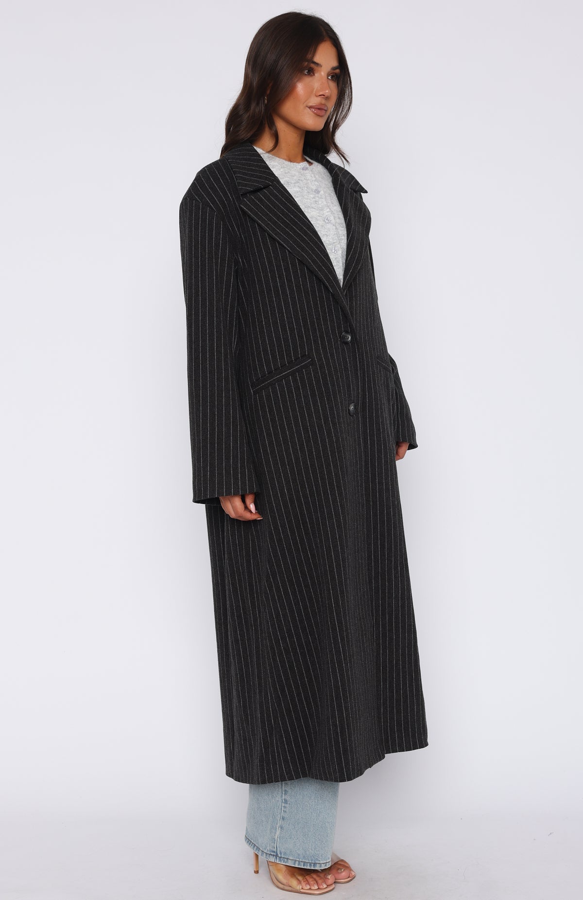Walk By Me Oversized Coat Charcoal Pinstripe